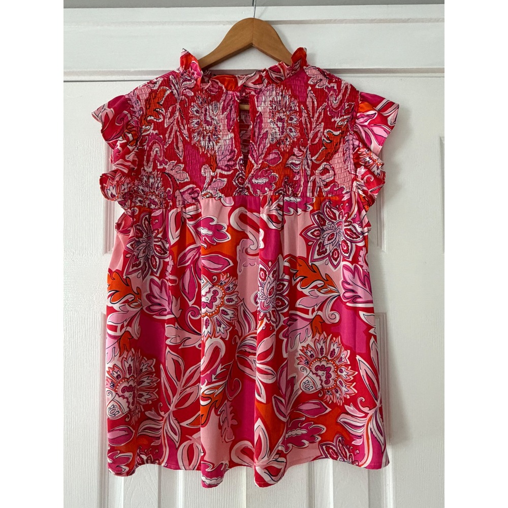 THML Pink Orange Floral Smocked Ruffle Neck Blouse THS1424-2-PK Large